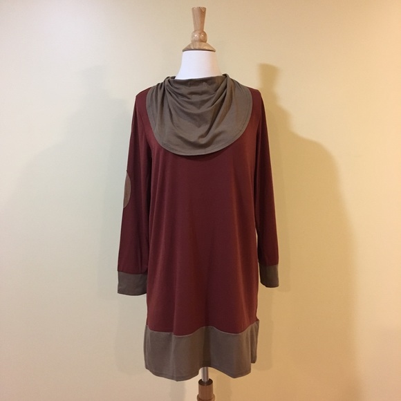 Elbow Patch Cowl Neck Faux Layers Colorblock Tunic - Picture 4 of 6